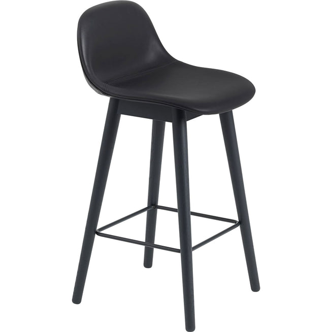 Photo of Fiber Bar Stool W.backrest, Wood Base, H:65cm, Silk Leather - Black/black - Barstolar & Barpallar - Iskos-berlin - Svart - Trä/syntetiskt