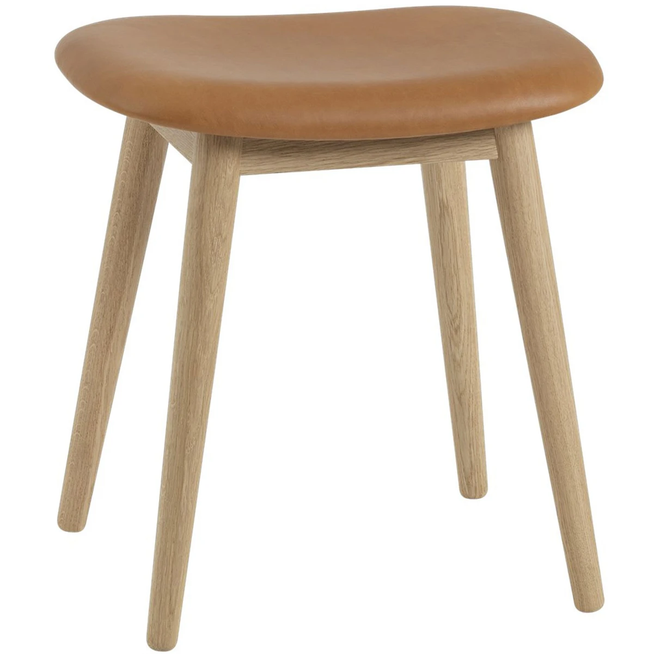 Photo of Fiber Stool, Wood Base, Silk Leather - Cognac/oak - Sittpallar - Iskos-berlin - Brun - Trä/plast