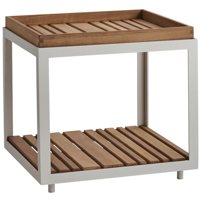 Photo of Level Side Table, White, Table Top: Teak - Coffee Table Outdoor - Bykato - White - Metal/Wood