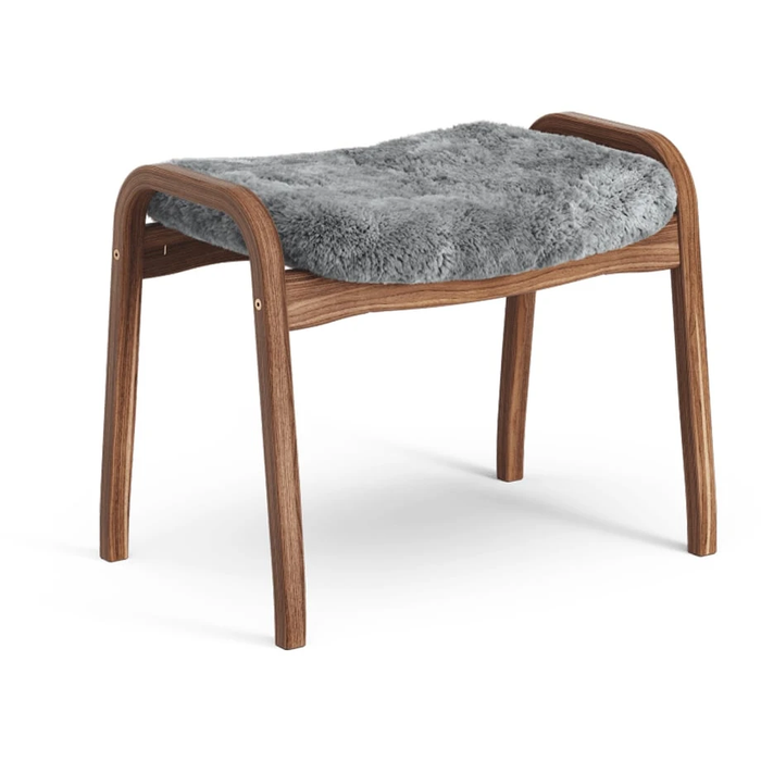 Photo of Lamino Footstool Sheepskin Scandinavian Grey, Natural Lacquered Walnut
