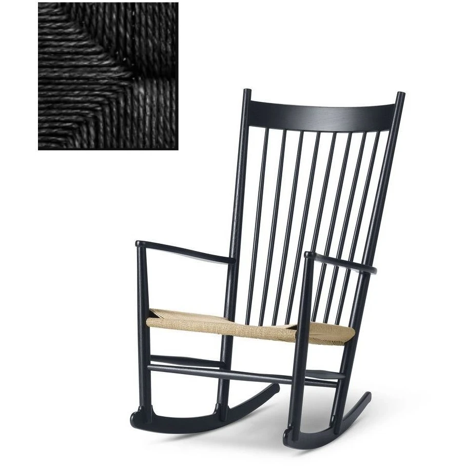 16000 J16 Wegner Rocking Chair Sh: 42 cm - Black Lacquered Oak/Black Wicker