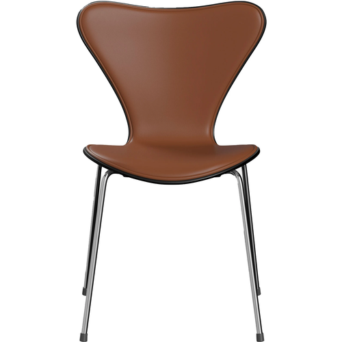 Photo of 3107 Sjuan - Front cover, Black, Leather, Soft Cognac - Dining chairs - Arne Jacobsen - Brown - Leather/metal/wood