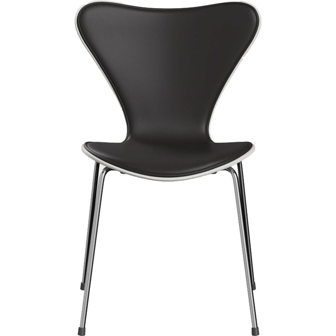 Photo of 3107 Sjuan - Front cover, White, Leather, Soft Black Brown - Dining chairs - Arne Jacobsen - Brown - Leather/metal/wood
