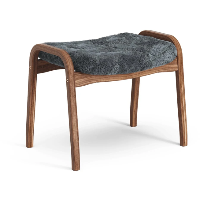 Photo of Lamino Footstool Sheepskin Charcoal, Natural Lacquered Walnut