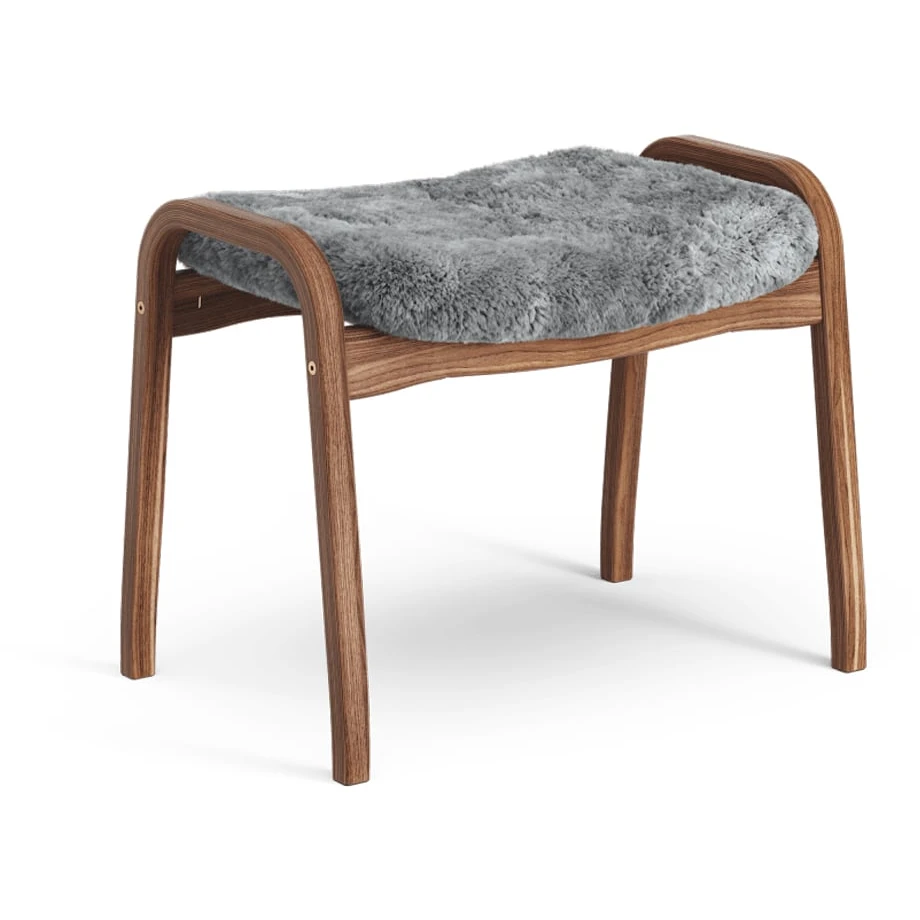 Lamino Footstool Sheepskin Scandinavian Grey, Natural Lacquered Walnut