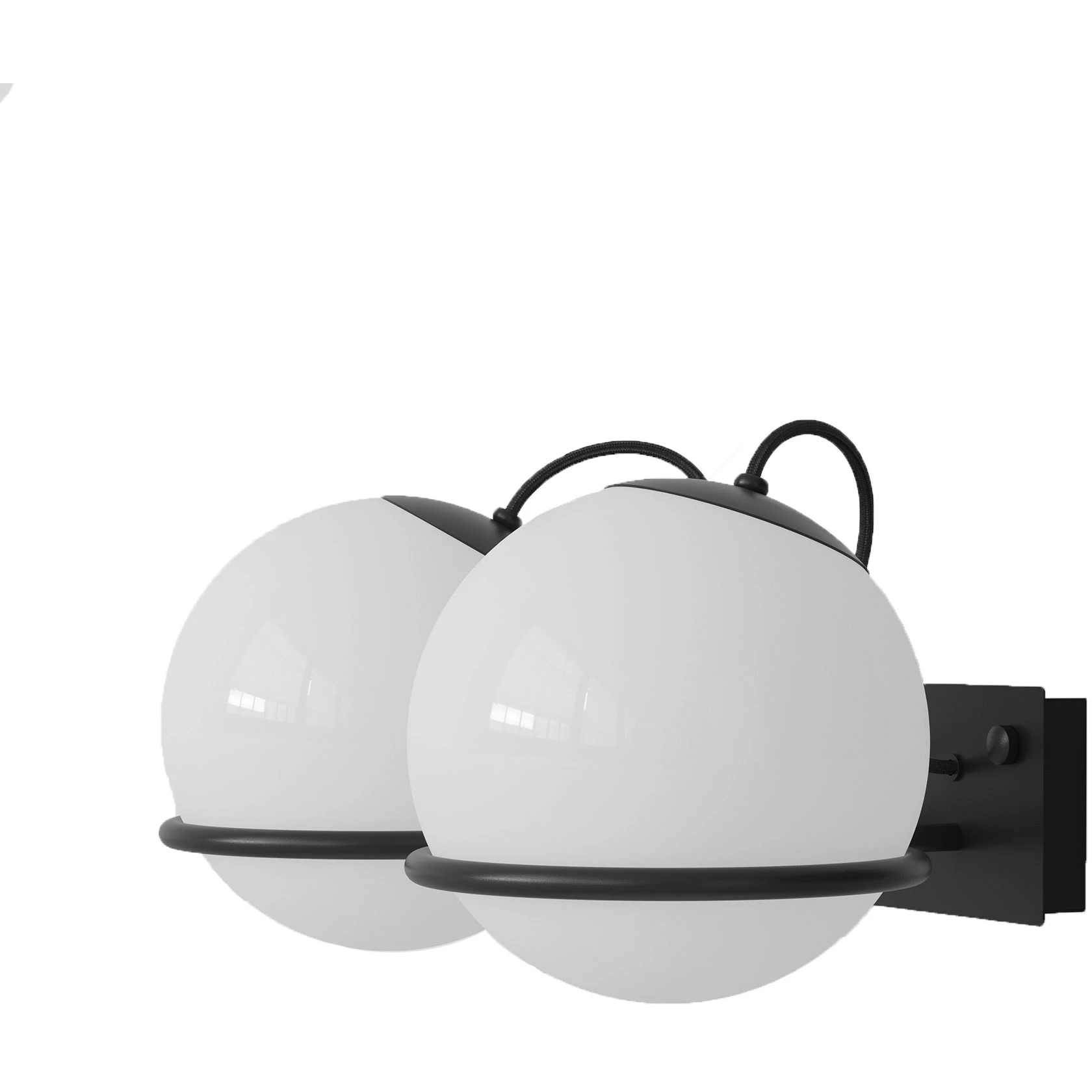 Model 238/2, 2 Opaline Spheres (20cm Diameter), Black Mount - Wall Lamps - Gino Sarfatti - Black, White