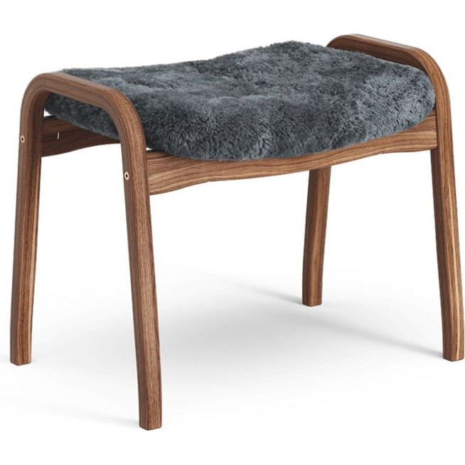 Photo of Lamino Footstool Sheepskin Charcoal, Natural Lacquered Walnut