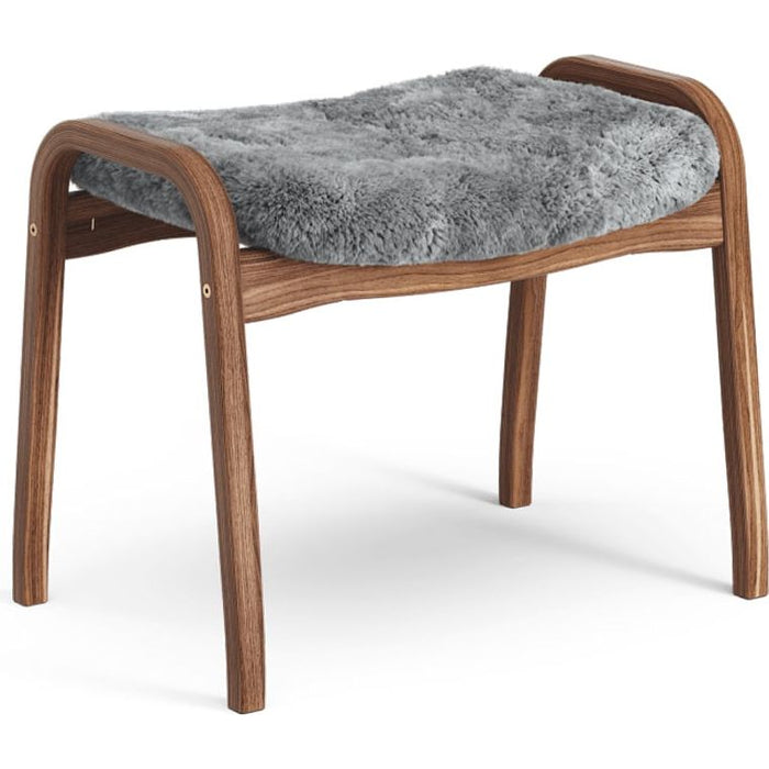 Photo of Lamino Footstool Sheepskin Scandinavian Grey, Natural Lacquered Walnut