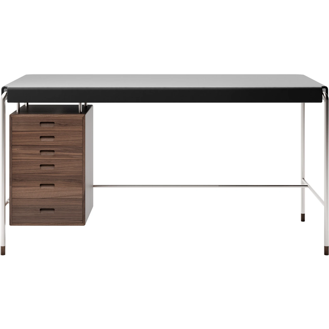 Photo of Carl Hansen - Aj52 140x70 Society Table, Walnut, Oiled - Desk - Arne Jacobsen - Wood-coloured, black - Leather/metal/wood